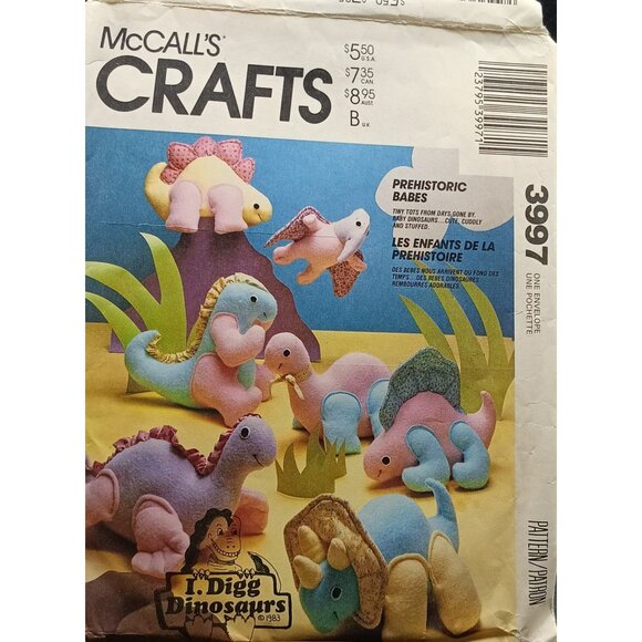 UNCUT McCalls 3997 Vintage Dinosaur Stuffed Animal Sewing Pattern - Picture 1 of 2